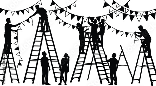 Black silhouette of group hanging pennant banners, ideal for teamwork, celebration, event setup, or festive decoration visuals.Web