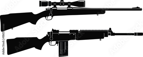 Black rifle and sniper gun silhouette on transparent background