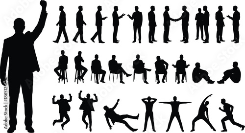 Business people silhouette collection showing walking talking handshake sitting gestures professional interactions isolated black human figures on white background set