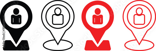 Location pin with person icon. User position symbols. Map pointer with avatar graphic design. Current Location Icons. Man inside map pin symbol
