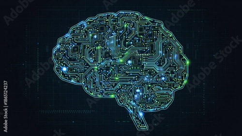 A futuristic digital brain illustration with circuit board design and neon lights on a dark background with technological details