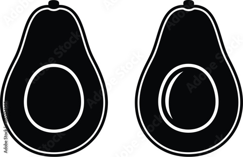 Two black avocado silhouettes with pits on transparent background