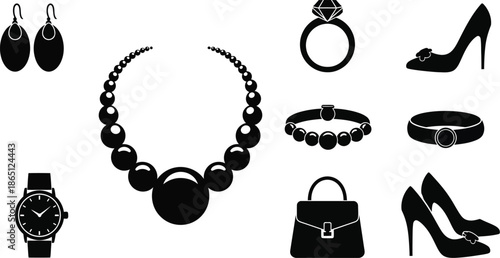 Elegant jewelry and accessories collection black icons on transparent background silhouette