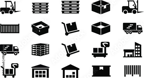 Delivery trucks boxes and warehouse icons set on transparent background silhouette