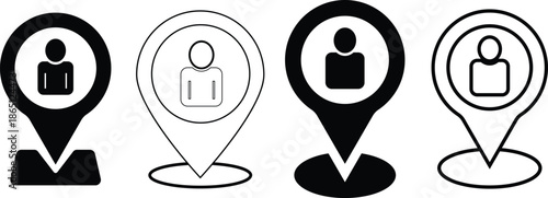 Location pin with person icon. User position symbols. Map pointer with avatar graphic design. Current Location Icons. Man inside map pin symbol
