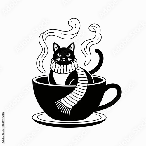 A charming black cat nestled inside a warm cup of coffee or tea