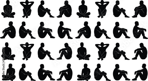 Seated man silhouette pose collection showing relaxed sitting positions meditation rest casual postures isolated black human figures on white background set