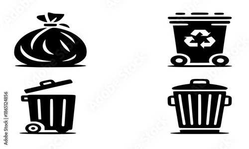 Set of 4 Black and White Trash Garbage Bag Recycling Bin Waste Can Silhouette Icons Vector - Minimalist Waste Management Dustbin Recycle Symbol Glyphs for Environment Signs Infographics Graphic Design