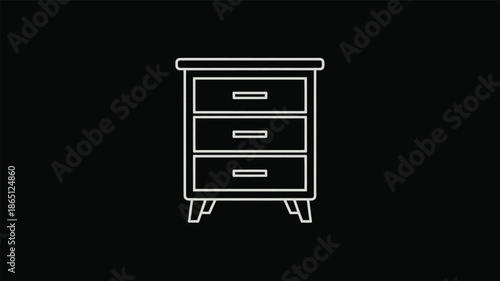 A simple white line art icon representing a three-drawer nightstand or small dresser is isolated against a solid black background for graphic use.