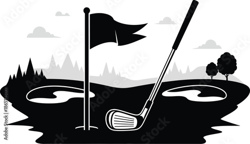 Golf course scenery with flag trees and club a beautiful silhouette on transparent background