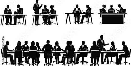 Business meeting silhouettes set showing corporate teamwork, discussion, presentation and collaboration at office desks and conference tablesWeb
