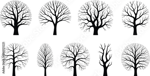 Collection of eight black silhouette deciduous tree icons displaying varied bare branch structures against a stark white background for seasonal design projects.