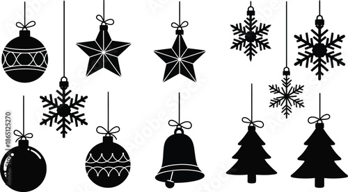 Black christmas ornaments and decorations hanging perfect for festive designs silhouette on transparent background