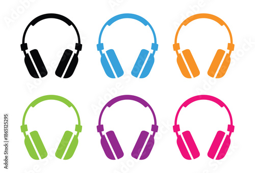 Colorful headphones arranged in a grid on a white background