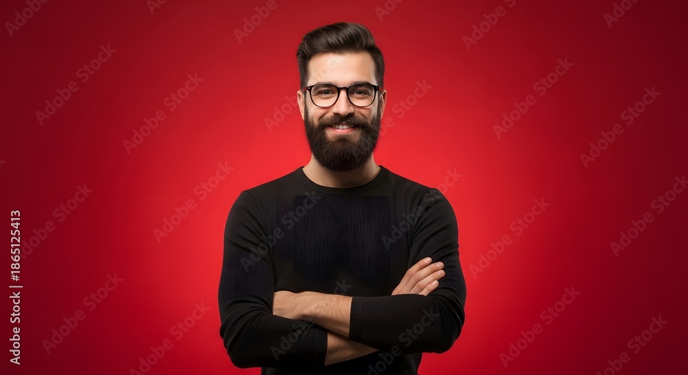 Obraz premium Portrait of serious man with beard on red background