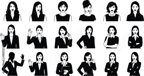 Business woman avatar illustration set showing professional female faces and upper body poses for corporate profile, identity and marketing design useWeb