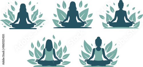 Three meditating women with leaves ideal for wellness design on transparent background silhouette