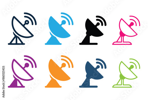 Satellite dishes in various colors arranged in a grid pattern on a white background