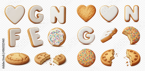 Set of various gingerbread cookies including letters, hearts, and round shapes, some with icing and sprinkles.