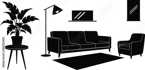 Minimalist living room furniture arrangement with plants on transparent background silhouette
