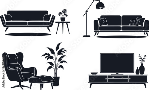 Modern living room furniture set illustration on transparent background silhouette