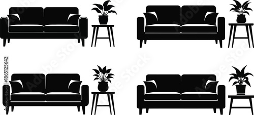 Black sofa and plant arrangements in a minimalist style on transparent background silhouette