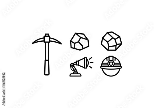 vector illustration of a set of icons with a compass Mining Equipment and Resources - Pickaxe, Rocks, Lamp, and Helmet Icons.