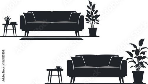 Minimalist furniture arrangement with sofa plants and side table on transparent background silhouette