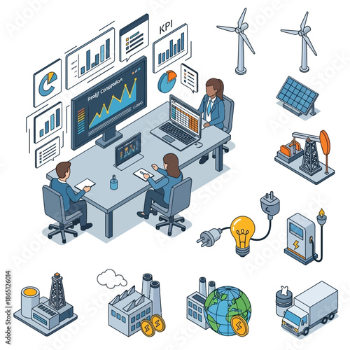 Isometric illustration of a business meeting discussing energy and industrial data with various related icons.