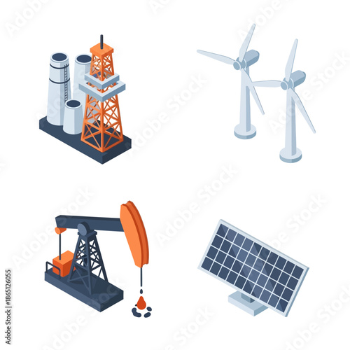 Isometric illustration set depicting various energy sources including fossil fuels, wind turbines, and solar panels.