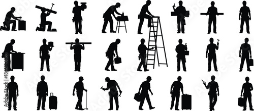 Construction worker silhouettes set showing tools, ladder, equipment and working poses for industrial labor, repair, maintenance and building conceptsWeb