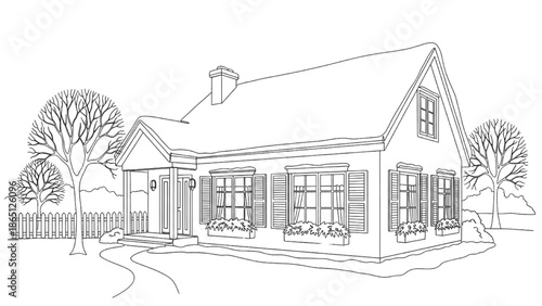 High-Quality Black Continuous Line Art of Winter-Ready Home with Triple-Glazed Windows