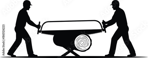 Two lumberjacks sawing a log black and white illustration on transparent background silhouette