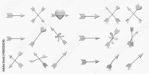 Set of various silver cupid arrows, straight, crossed, with heart and bow, 3D rendered.