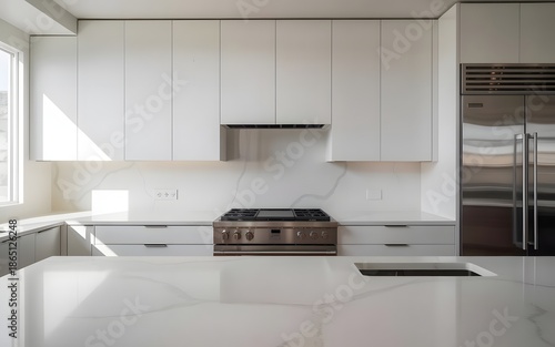 Modern kitchen with white cabinets and stainless steel appliances