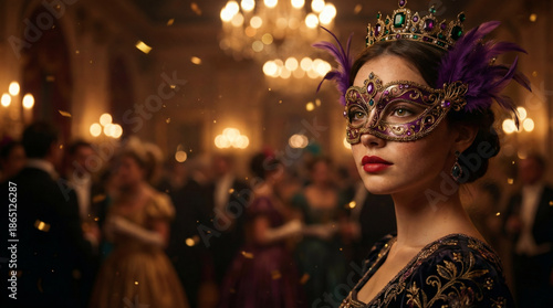 Young woman in carnival mask, copy space