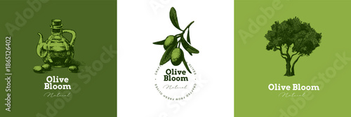 Vintage sketch logo set of olive branche, bottle of oil, tree. Extra virgin, farm product, Mediterranean cuisine, cosmetic, organic farm, packaging label. Engraved hand drawn vector illustration.