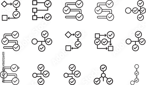 Project approval pipeline outline icon set with connected nodes for workflow, process management and planning.