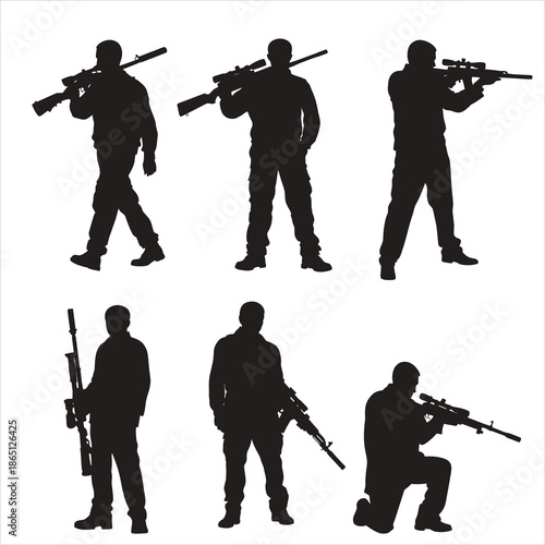 Set of Sniper Silhouettes, Soldiers and Marksmen with Rifles in Various Combat Poses