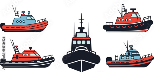 Colorful tugboat illustrations set perfect for nautical designs on transparent background silhouette
