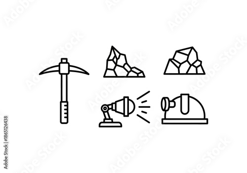 Set of camping icons Mining Equipment and Resources - Pickaxe, Rocks, and Lighting Icons.