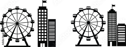 City skyline with ferris wheels and buildings black silhouette on transparent background