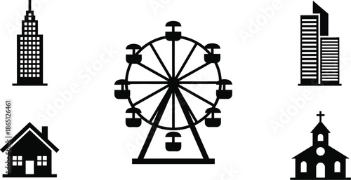 Cityscape with buildings ferris wheel and church silhouette on transparent background