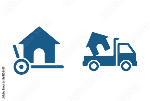 House relocation process depicted through simple iconography on a clean white background