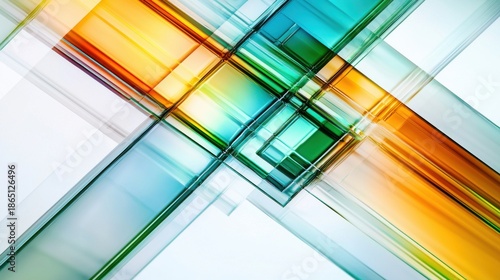 Interference visibility bands through translucent geometric glass panels creating vibrant spectral light refractions with emerald turquoise golden amber intersections