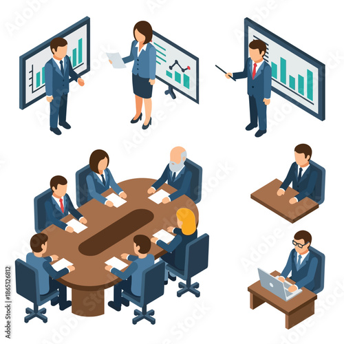 Isometric business people illustrations showing various office activities like presentations, meetings, and individual work in a corporate setting.