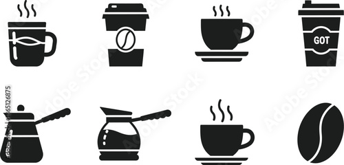 Black coffee icons set with various brewing methods on transparent background silhouette