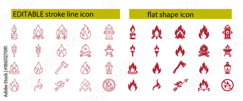 Fire Flame Vector Icon Set On Editable Line Art and Flat Shape Style