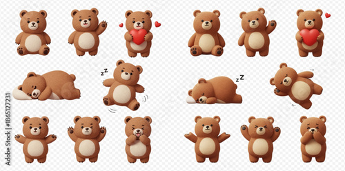Collection of cute 3D rendered teddy bears in various poses and expressions, isolated on transparent background.