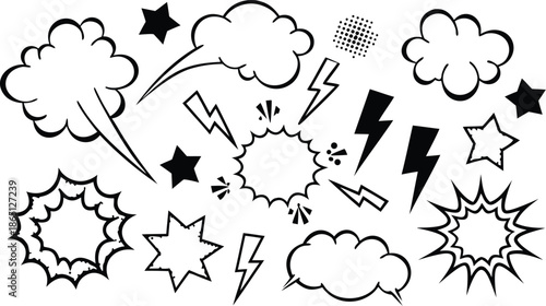 Set of comic effect shape with pop art style.  Comic surprise, attention and inspiration effect. Comic speech bubbles halftone dot background.
 vector illustration isolated set of female yoga poses in